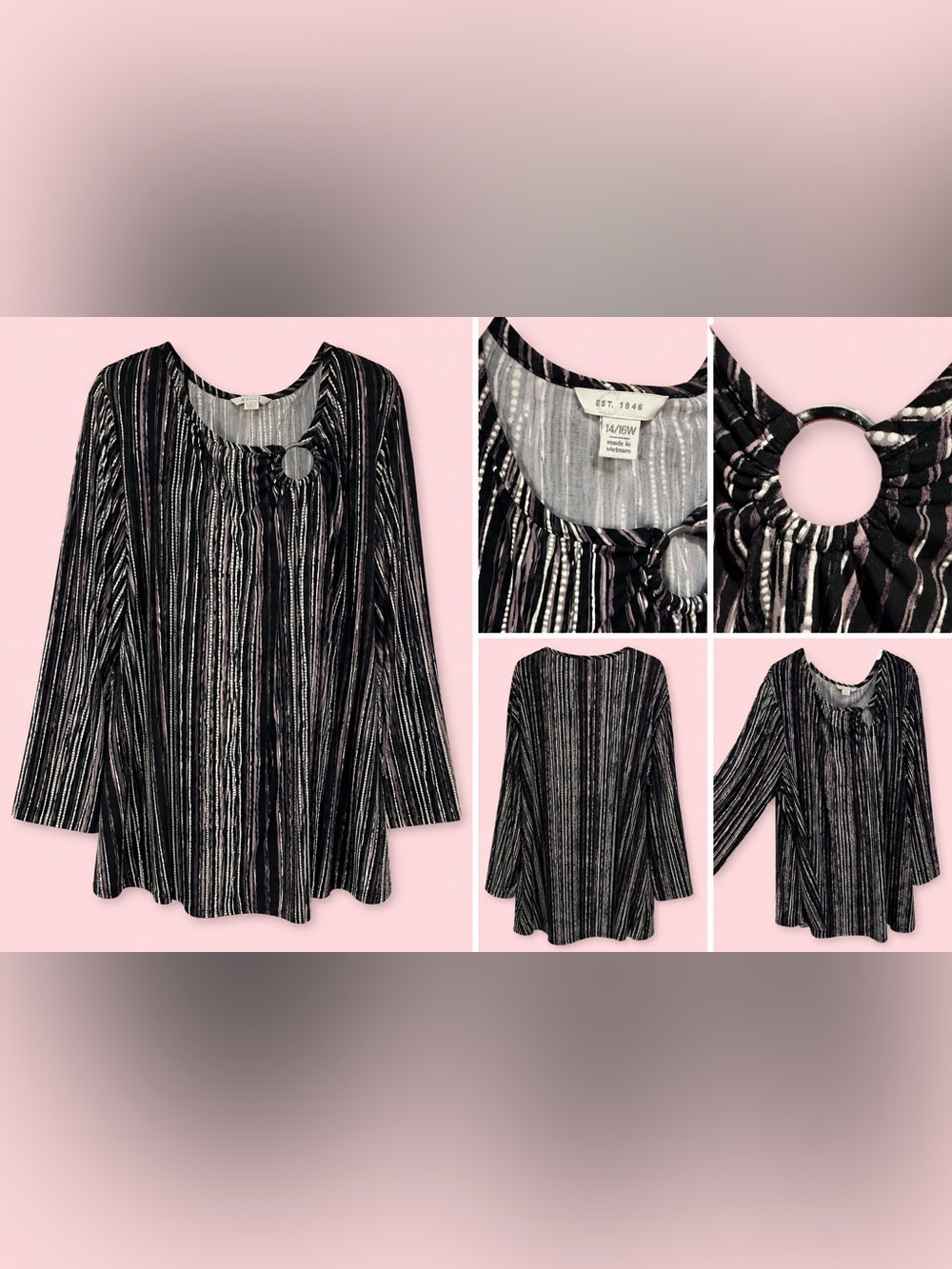Mauve & Black Striped Ring-Accent Women’s Tunic Top